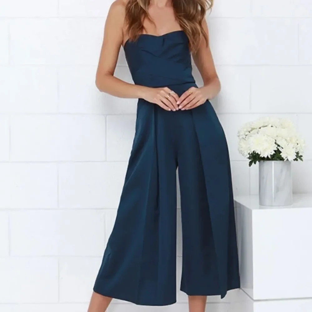 Keepsake The Label Blue True Awakening Satin Strapless Wide Leg Cropped Jumpsuit - Picture 3 of 9